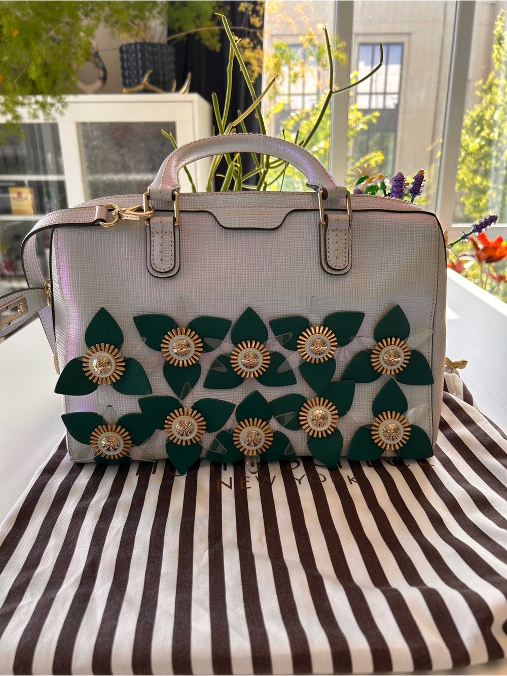 henri bendel White Satchel with Green Floral Appliqués